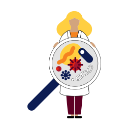Illustration of a female scientist holding up a magnifying glass